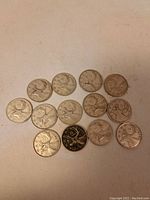 Overview photo of 13 Canadian silver quarter coins laid out in rows partially overlapping, showing the reverse side with caribou design.