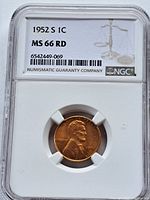 Obverse side of the 1952 S 1 Cent coin in protective NGC slab with grade MS-66 RD shown on label.