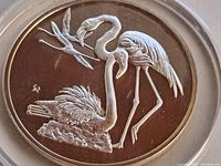 Close-up front view of the sterling silver proof medal showing two greater flamingos design with detailed feathers and natural posing.