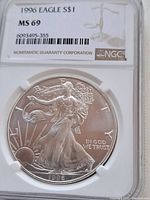 Obverse of 1996 USA Silver Eagle coin showing Walking Liberty design and grading label stating MS 69 by NGC.