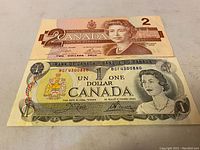 Two Canadian paper money bills shown flat on a grey surface, one $2 bill on top and one $1 bill beneath it, both featuring Queen Elizabeth II.