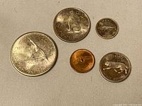 Five coins arranged on a cloth surface: 1 Dollar, 50 Cents, 25 Cents, 10 Cents, 1 Cent.