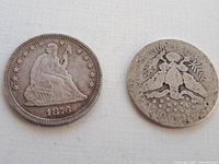Two silver quarter coins - 1876 Seated Liberty and 1907 Barber quarters front sides.