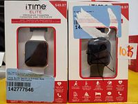 Front view of two boxed iTIME Elite smart watches showing square display and silicone bands
