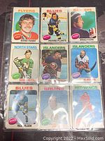 Photo showing 9 NHL hockey trading cards from the 1975-76 O-Pee-Chee series featuring players Bernie Parent, Pierre Plante, Brad Park, Dennis Hextall, Glen Goldup, Terry Richardson, Rick Wilson.