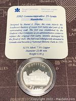 Front of coin showing detailed design of Lower Fort Garry with 'MANITOBA' and '25 CENTS' inscription, in protective capsule with Royal Canadian Mint information card.