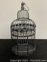 Full front view of large metal hanging bird cage showing dome top and hanging hook.