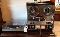 Technics SL-20 turntable on left and Teac A-4300 reel-to-reel tape deck on right