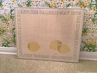 Full view of framed print leaning against wall