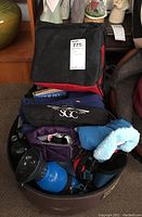 Lot viewed inside a brown container showing multiple dog care items including coats, leashes, a water bottle, and pouches