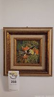 Full view of framed original signed oil painting of mushrooms in natural forest setting.