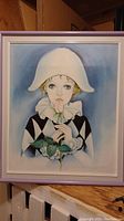 Framed original painting of girl with white bonnet and rose