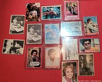 Photo showing the full array of 14 trading cards laid out on a red background, some in protective sleeves, featuring a mix of black and white and color cards with themes of science, athletics, and entertainment.