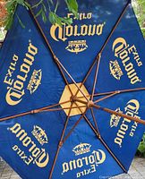 Close-up image looking up at the umbrella canopy showing multiple 'Corona Extra' logos printed in yellow on the blue canvas fabric.
