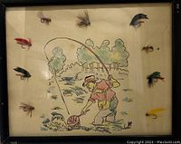 Full framed art of a fly fisherman catching fish surrounded by real fly fishing hooks.