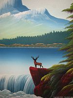 Close-up of deer standing on red cliff with waterfall and lake behind it, showing details of the painting surface.