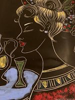 Close-up of the woman's face profile and table elements showing detailed hand-painted design