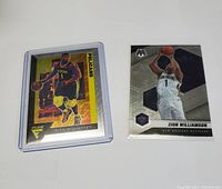 Front view of two Zion Williamson NBA cards: Panini Flux card with yellow mosaic effect in a sleeve, plus Panini Mosaic card in Pelicans white uniform.