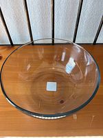 Top down view showing the round shape and depth of the clear glass bowl.