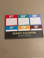 Closed box of Knock Knock Honest Acronyms sticky notes showing 6 designs and colors