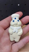 Front view of the vintage Pillsbury Doughboy fridge magnet held in hand showing details and size.