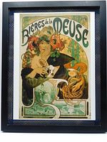 Framed colorful art print of Alphonse Mucha's 1898 beer advertisement Bieres de la Meuse, showing a woman with a beer stein, in a black frame with custom mat.