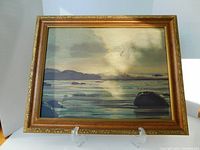 Full image of the framed 'Evening Gold' textured canvas artwork showing coastal sunset scene