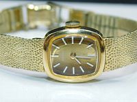 Front view showing gold plated square watch face with brown dial and white markers and hands, attached to gold textured mesh band.
