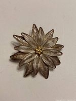 Front view of silver filigree brooch showing intricate flower petal design with gold-tone center