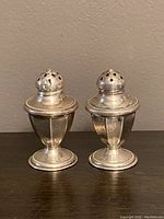 Front view of sterling silver salt and pepper shakers standing next to each other showing detailed shape and polish.