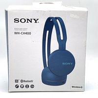 Front view of the Sony WH-CH400 headset retail box showing the blue wireless stereo headset image and branding.
