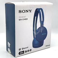 Box front showing image and model number of Sony wireless stereo headset WH-CH400 and key features including 20 hour battery life, NFC, Bluetooth.