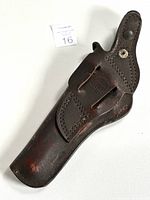 Front view of the vintage Brauer Bros. St. Louis right hand leather holster with visible stitching and stamped model number.