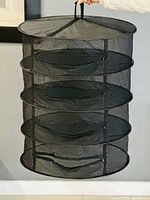 Full front view of the hanging 4-layer black mesh herb drying rack showing size, shape, and hanging loop on top.