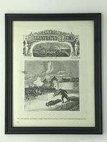 Full view of framed historical print from Canadian Illustrated News showing the Metis rebels delivering the coup de grace to Thomas Scott at Fort Garry with date and cityscape header.