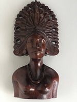 Front view of the vintage carved wooden female bust with detailed crown headdress.