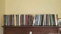 Full view of approximately 49 classical music vinyl record albums lined up on a wooden surface.