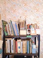 Shelf with a wide variety of cookbooks and recipe booklets in vintage and regional styles, showing book spines and shelf arrangement.