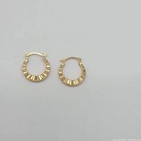 Front view of both 14k yellow gold textured hoop earrings laid flat on a white surface.
