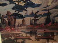 Close-up of the artwork showing stylized landscape featuring trees, rocks, water, and distant buildings under cloudy sky.