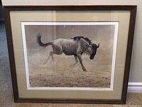 Full view of framed print showing wildebeest image, wood frame, matting.