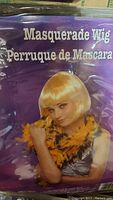 Photo of plastic package showing blonde bobbed masquerade wig with straight bangs and a woman wearing a colorful feather boa.