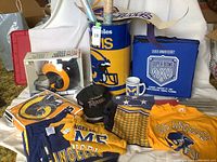 Wide shot of collection on floor showing trash can, cooler bag, mug, apparel, helmet snack bowl, cap and seat cushions
