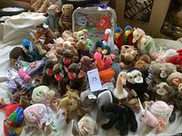 Wide view showing a large collection of assorted TY Beanie Babies including various birds, pigs, and monkeys, arranged on a white surface.