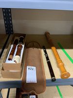 Shelf view showing three recorders, leather case and boxed recorder parts