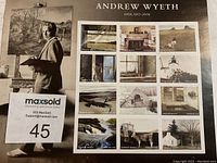 Sheet of stamps with image of Andrew Wyeth painting and 15 individual stamps featuring his artwork.