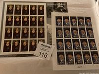 Two full sheets of stamps, one featuring Bette Davis and the other Frank Sinatra, placed side by side on a white background.