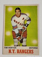 Front of 1970-71 OPC Tim Horton hockey card showing player in N.Y. Rangers uniform with background and text.
