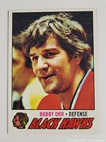 Front side of the 1977 Topps Bobby Orr hockey card featuring a portrait photo of Bobby Orr in Blackhawks uniform.