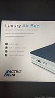 Box for Luxury Air Bed Queen Size 80" x 60" x 22" by Active Era, listing features built-in pillow, built-in electric pump, inflates in 3 minutes, enhanced support